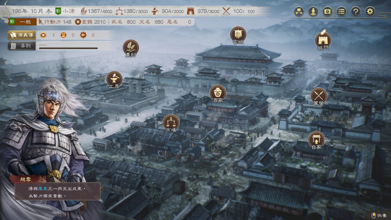 武将人物养成能做的事情不多,每个城市的项目都是一样的